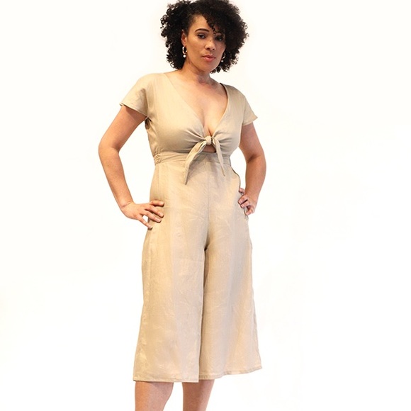 Tie front linen jumpsuit. - Picture 3 of 5